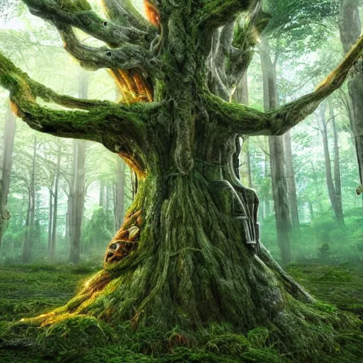 Prompt: horrific, spectacular tree in a thickly vegetated forest, fantasy, dreamlike sunraise, ultra realistic