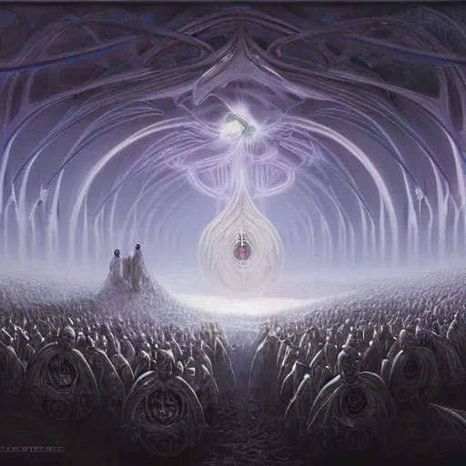 Image similar to a quantum computer surrounded by a dark cabal of multiple hooded elven mystics in long dark robes gathered in a circular formation, dan seagrave art, michael whelan, artstation, cgsociety, epic scifi fantasy art