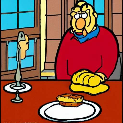 Prompt: jon and garfield at the kitchen table by jim davis