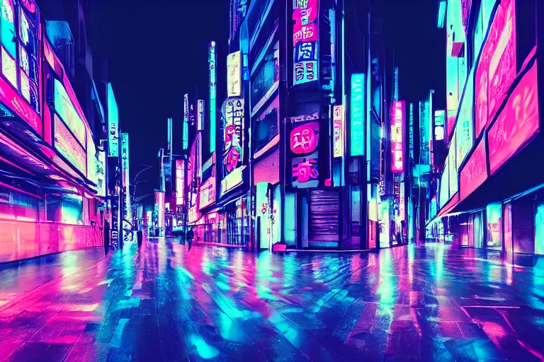 Image similar to neon tokyo street at night futuristic aesthetic matte painting, wallpaper, unsplash, colorful, style of aenami alena, neon blue color, vaporwave,