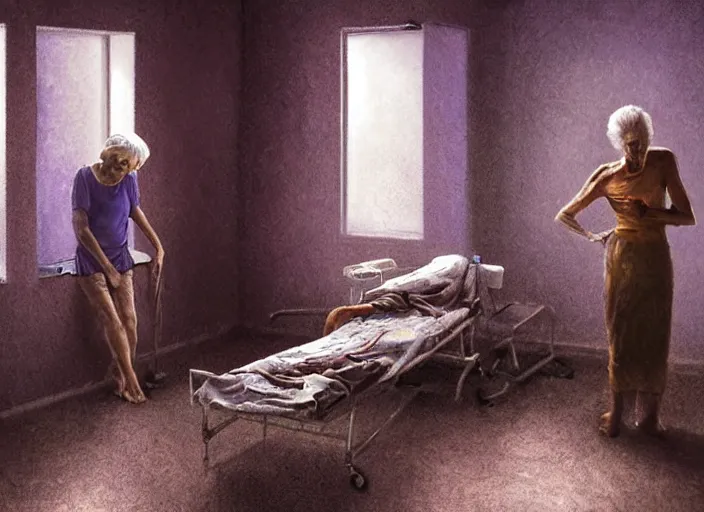 Prompt: skinny, old people contemplating death, inside an abandoned room # # # hospital bed # # #, depth of field, hauntingly surreal dystopian, emotionally expressive, highly detailed oil painting, soft light 4 k, red, blue and purple colour palette, cinematic composition, cinematic lighting, masterpiece by greg hildebrandt, and mark brooks