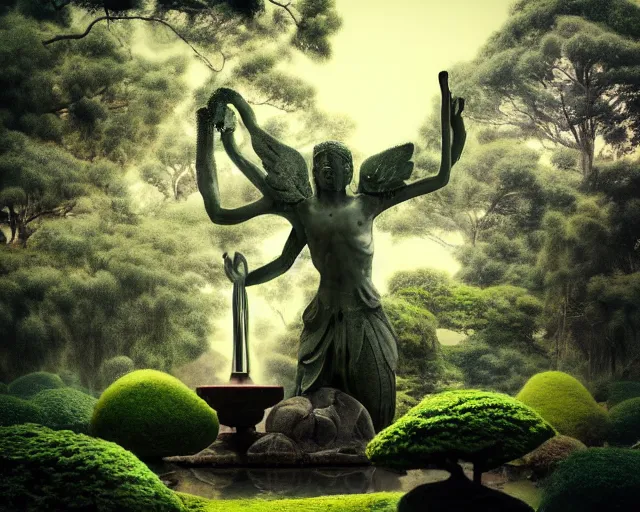 Image similar to strange weird pagan japanese garden with a gigantic statue fountain of an ancient god stretching its arms above the garden, digital art, oil painting, colorful, artstation, australian tonalism, minimalist, very clear, no blur, serene