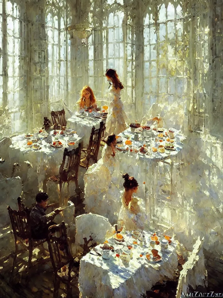 Image similar to friends, high tea, cast shadows, amazing impressionistic oil painting by alexi zaitsev, melinda matyas, denis sarazhin, karl spitzweg, intricate details, fractal leaves, tall windows, high quality, brush strokes, award winning, sharp focus, cool white