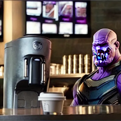 Prompt: film still of Thanos working as a Starbucks barista in Infinity War