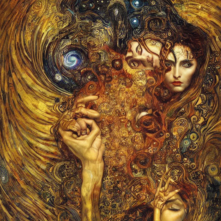 Image similar to Divine Chaos Engine by Karol Bak, Jean Deville, Gustav Klimt, and Vincent Van Gogh, beautiful visionary mystical portrait, sacred, otherworldly, fractal structures, Surreality, ornate gilded medieval icon, third eye, spirals