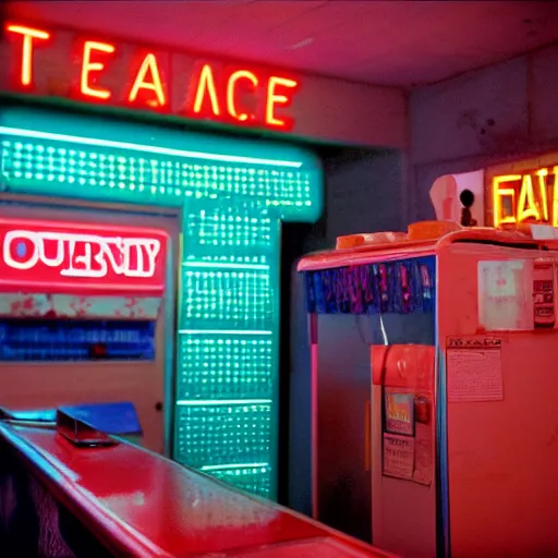 Image similar to a cup of tea on the counter, inside of a 1970s convenience store, neon lights, dirty, ektachrome photograph, volumetric lighting, f8 aperture, cinematic Eastman 5384 film