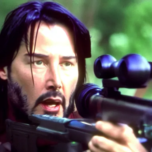 Image similar to fat Keanu Reeves using a sniper rifle, film still, detailed, 4k