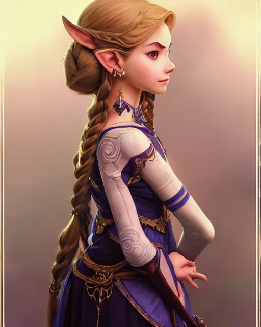 Image similar to portrait of disney zelda twilight princess, intricate, elegant, highly detailed, my rendition, digital painting, artstation, concept art, smooth, sharp focus, illustration, art by artgerm and greg rutkowski and alphonse mucha and uang guangjian and gil elvgren and sachin teng and wlop, symmetry!!