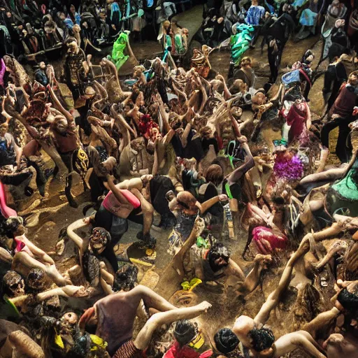 Image similar to abstract mosh pit, slam dancing creatures, circle pit demons, violent zombie dance, violent protest, war photography, high detail, 4 k