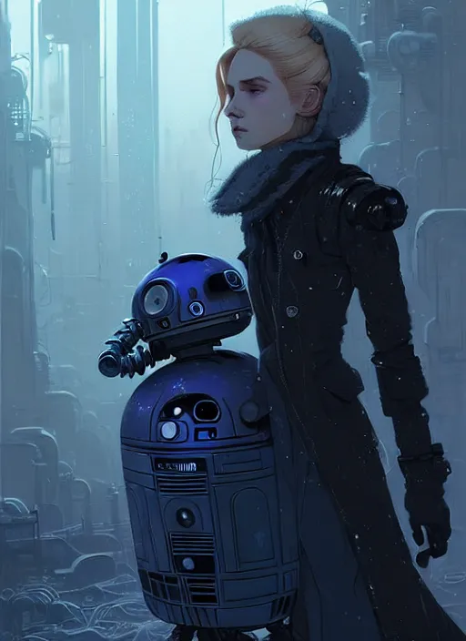 Image similar to highly detailed portrait of a moody frostpunk long blonde hair lady with droid companion, stray wiring by atey ghailan, james gilleard, by joe fenton, by greg rutkowski, by greg tocchini, by kaethe butcher, 4 k resolution, gradient blue, black and white color scheme!!! ( ( glaciated dystopian city background ) )