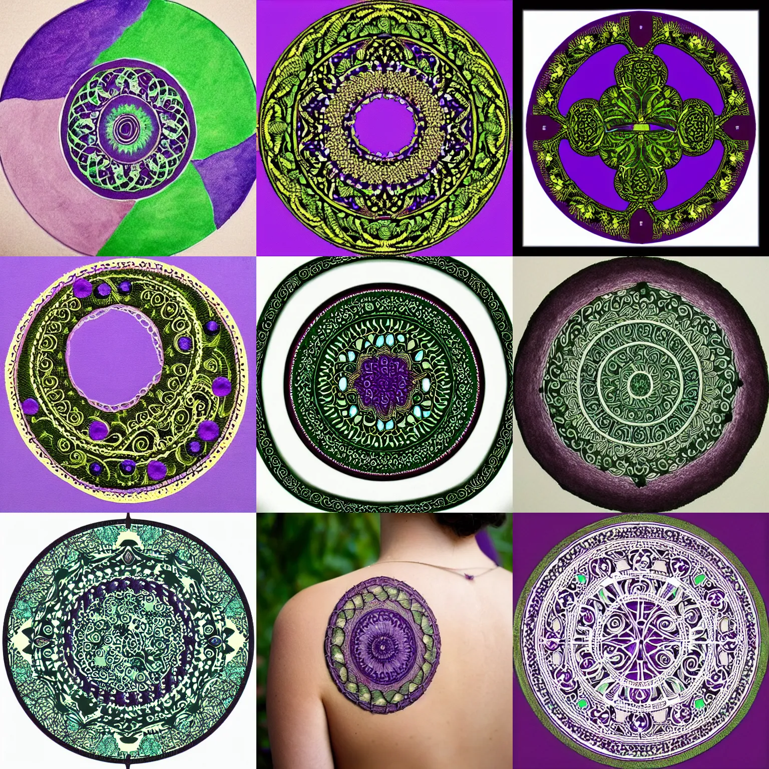 Prompt: absolutely perfect circle + intricate detail + greens and purples