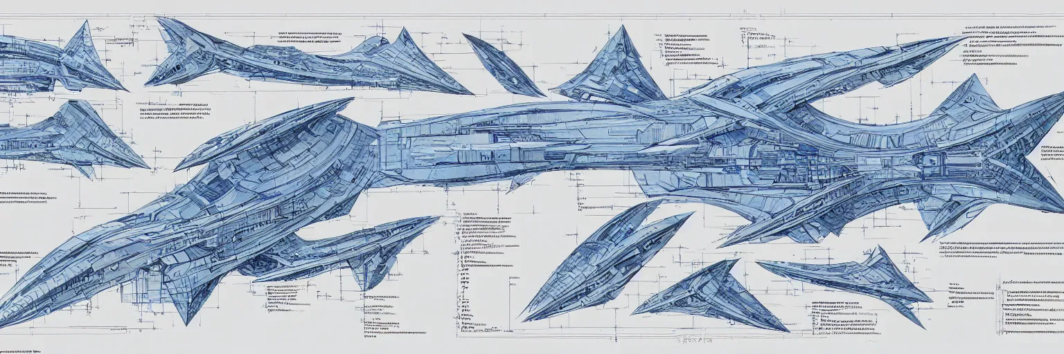 Image similar to blueprint for a sentient starship, technical drawing with annotations and notes in the margins, algorithms and physics equations, concept design by peter mohrbacher and craig mullins and hiroshi yoshida and james jean and frank frazetta and michael whelan and andreas rocha