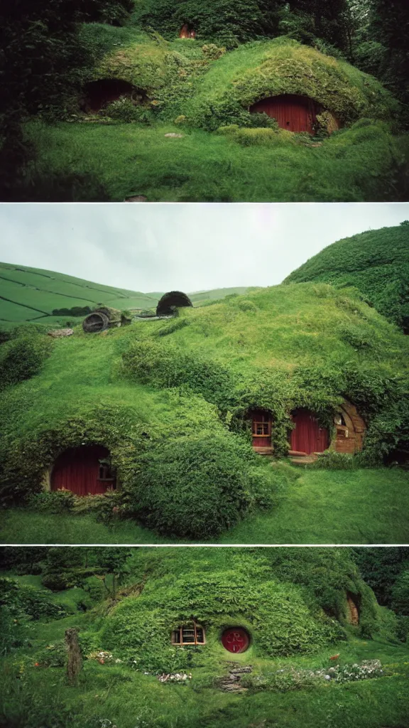 Prompt: studio ghibli hobbit home in the irish countryside, the shire, 35mm photography by gregory crewdson