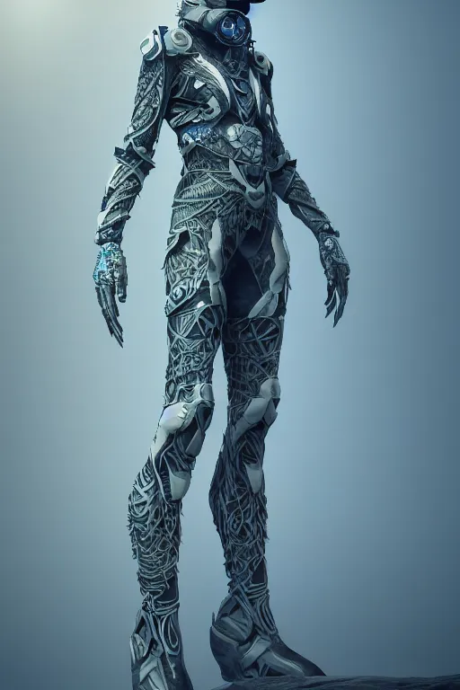 Image similar to full body portrait of a he Keeper of the mountain caves with light tattoos and decals wearing a futuristic organic clothe, intricate design, photorealistic, octane render, raytraced, ultra fine detailed, character design, trending on artstation