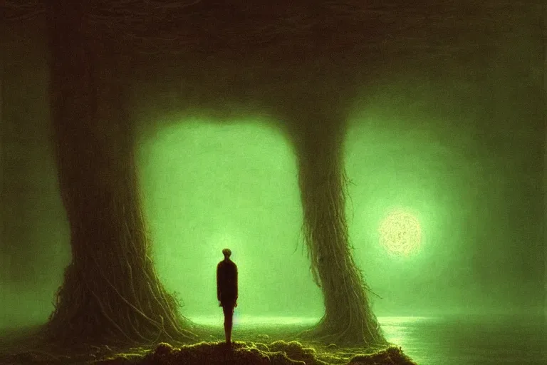 Image similar to man standing on the pier against flyflies and big trees, in the style of beksinski, solarpunk, atmospheric, clean, intricate and epic composition, green by caravaggio, insanely quality, highly detailed, masterpiece, blue light, artstation, 4 k