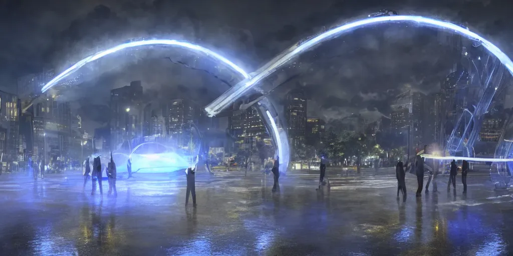 Prompt: policemen protecting a huge spiral - shaped bright white luminous attractor that is floating right in the center of the city from protesting people,, rain and light fog, professional lighting, concept art in 3 d, high detail, professional lighting, unreal engine