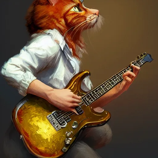 Image similar to a ginger cat dressed like a hardrocker playing electric guitar, cinematic lighting, highly detailed, digital painting, artstation, concept art, smooth, sharp focus, illustration, art by Terry Moore and Greg Rutkowski and Alphonse Mucha