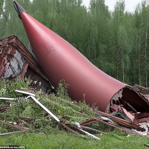 Image similar to a large funnel formed on the territory of the Russian village house in Russia as a result of a rocket hit where people gathered to photograph it