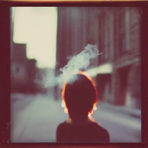 Prompt: a beautiful instant photograph of a woman smoking in the streets, polaroid, rule of thirds, light leak, raw, black clothing