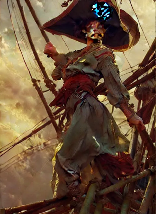 Prompt: rgb, thin, model, short black curly hair, round face, pirate clothes, on a pirate ship, amazing composition & dynamic posing, by franz xavier leyendecker, wlop! muted colors, highly detailed, fantasy art by craig mullins, thomas kinkade cfg _ scale 9
