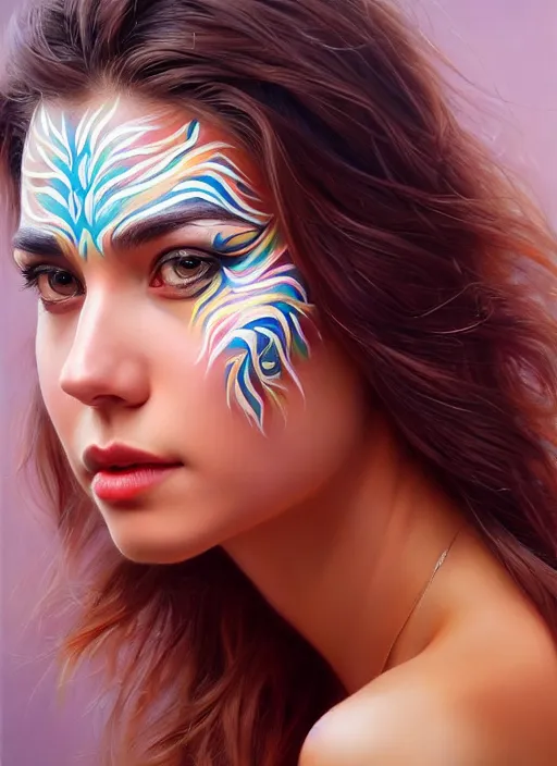 Image similar to full body photo of a gorgeous young woman in the style of stefan kostic, wild face painting, realistic, sharp focus, 8k high definition, insanely detailed, intricate, elegant, art by stanley lau and artgerm