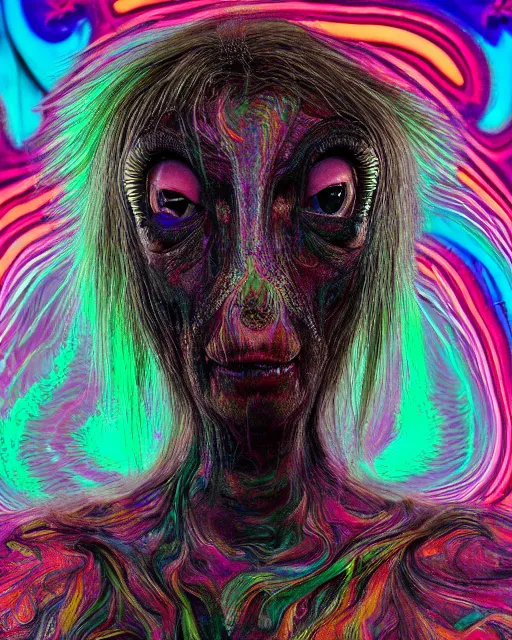 Image similar to realistic portrait of a creature experiment gone wrong, psychedelic, dark art, facing camera, photo realistic, detailed, 1 4 5 0, delicate, hyper realism, ultra realistic, 8 k