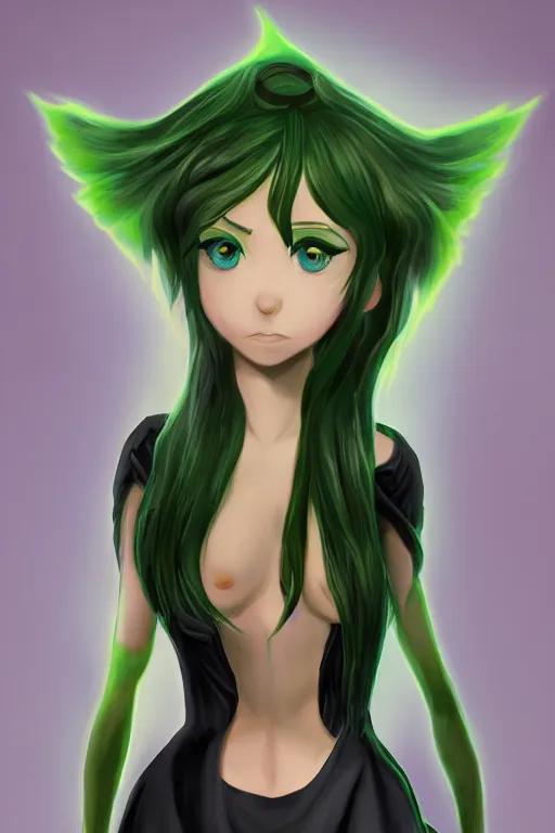 Prompt: cenimatic portrait, head and torso only, palutena, black dress, green hair, trending on artstation, concept art, fine detail, sharp detail, masterpiece, 4 k, hd