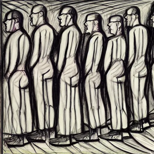 Image similar to mournful ultraviolet by bill ward, by ben shahn. a beautiful drawing of a group of people standing in a line. they are all facing the same direction & appear to be waiting for something.