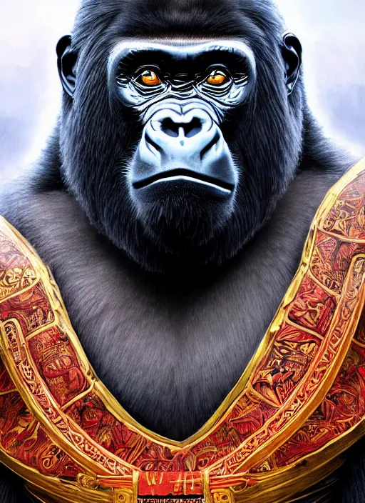 Prompt: stunning gorillas warrior portrait, traditional chinese armor, art by artgerm, wlop, loish, ilya kuvshinov, 8 k realistic, hyperdetailed, beautiful lighting, detailed background, depth of field, symmetrical face