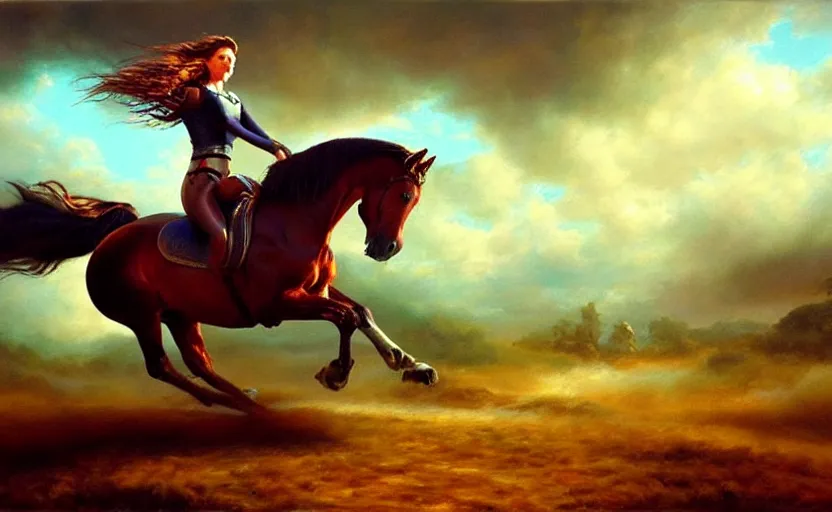 Prompt: a masterpiece oil painting of a proud horse galloping alone. wide angle, fantasy art, alex ross, heroic lighting, very very very beautiful raytraced rendering
