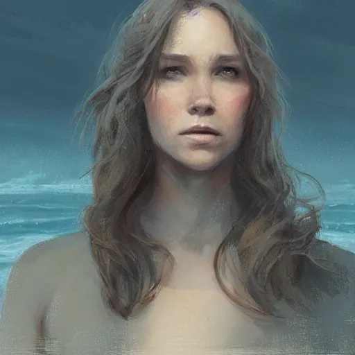 Image similar to A beautiful woman walking on the beach towards the viewer, high detail, 8K illustration, dynamic lighting, concept art, beautiful facial features, long hair, blue eyes sunny, art by Leesha Hannigan and Greg Rutkowski,