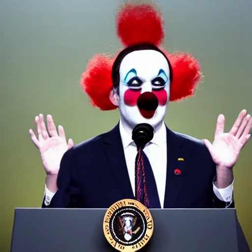 Prompt: president with clown makeup in a podium as the puppet of a human shadow
