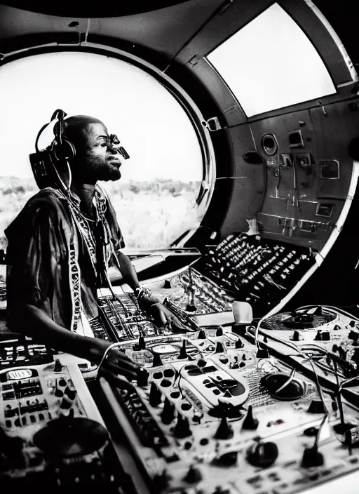 Prompt: a analogue photo of an African tribal dj entertaining a crowd on a spaceship, planet earth seen in porthole window, wide angle, grungy