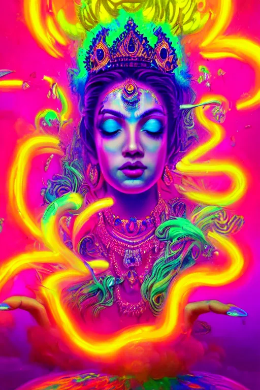 Prompt: a beautiful hindu goddess engulfed in colorful liquid smoke and neon clouds, a colorful psychedelic experience, dmt, lsd, face, highly detailed, artstation, concept art, matte, sharp focus, illustration, digital art by hana yata, and artem demura and beeple, octane render, unreal engine, 8 k