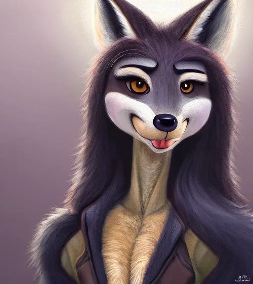 Image similar to full figure oil painting of anthromorphic furry female wolf, in style of zootopia, female fursona, furry, furaffinity, 4 k, deviantart, furry art, fursona art, wearing black business suit, business suit, wolf fursona, expressive feminine face, female,