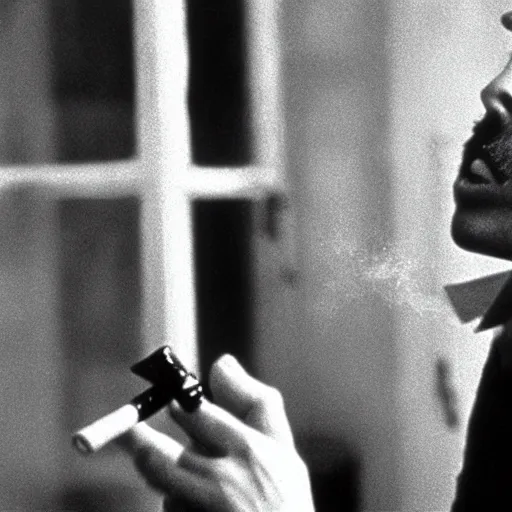 Image similar to mario smoking a cigarette in the bergman film persona 1 9 6 6, cinematic, 3 5 mm