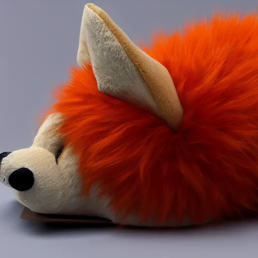 Image similar to Photorealistic furry orange exhausted Fox as a stuffed animal