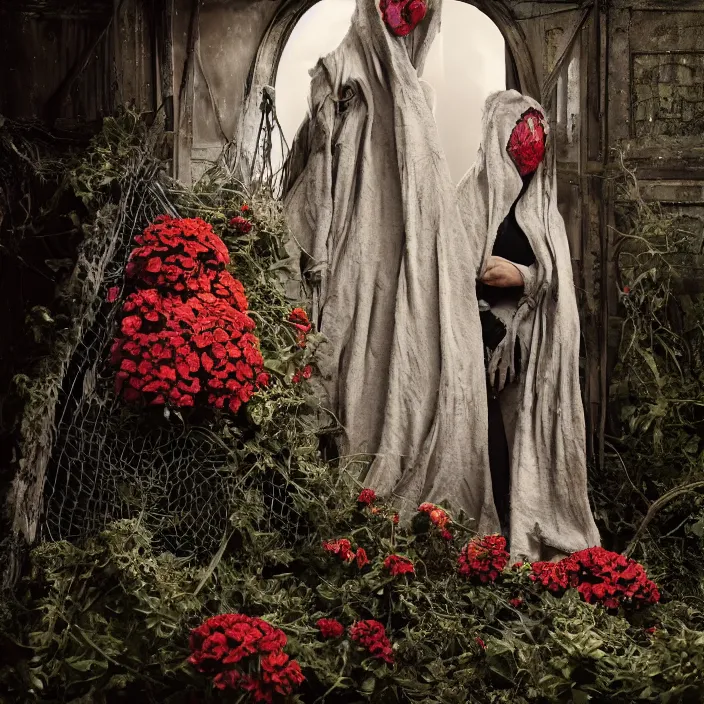 Prompt: a woman wearing a hooded cloak made of zinnias and barbed wire, in a derelict house, by Zhang Jingna, natural light, detailed face, CANON Eos C300, ƒ1.8, 35mm, 8K, medium-format print