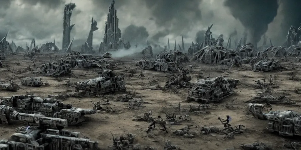Prompt: film still of closeup futuristic god soldiers fighting in epic war, decimation, dilapidated city by emmanuel lubezki