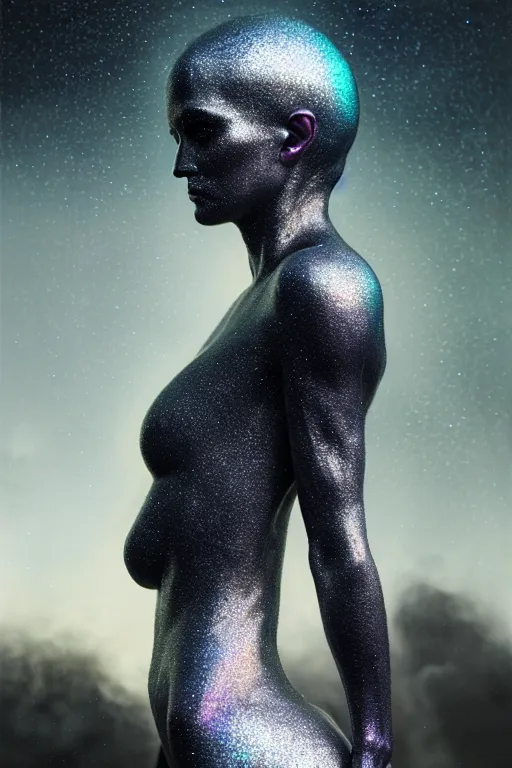 Prompt: pearlescent black lilith!, night sky coming out of her chest, covered in iridescent glitter!!, raining ash, fine art masterpiece, highly detailed dino valls wayne barlowe machiej kuciara, cinematic lighting, long shot, side angle, uhd 8 k, sharp focus