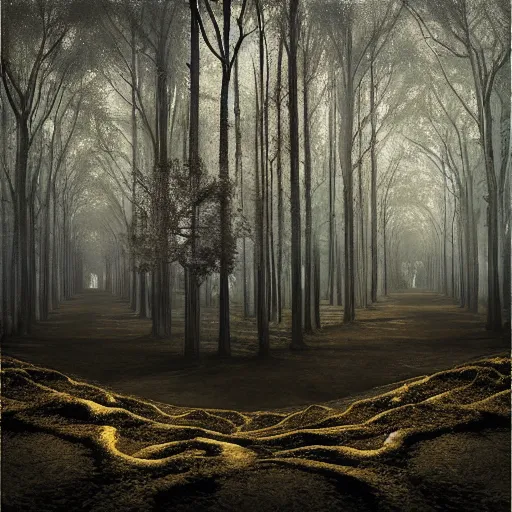 Image similar to heroinchic painting of A Beautiful fine-detailed gold and diamond Forest Illusion by erik johansson micro detailing