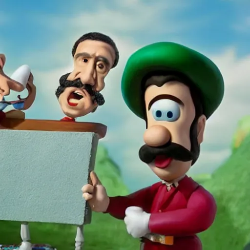 Image similar to beautifully rendered, masterpiece, caricature, claymation, luis guzman as luigi making absurd silly looking faces