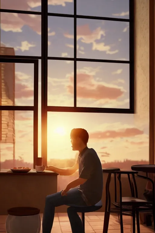 Image similar to a man sitting on a café table mext to a window and holding a cup of coffee at sunset, anime style, Pixar style, black hair, 4K, cartoon, concept art, octane render, unreal engine 5, path tracing, complementary colours, serene scene, warm, cute, natural lighting, high quality, highly detailed, high coherence, defined face, five fingers, anatomically correct, soft lighting, close view