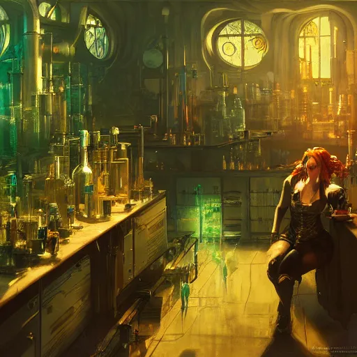 Image similar to cyberpunk alchemy laboratory full of potions, ciri from the witcher it's in the lab. by jeremy mann and alphonse mucha, photo realistic, dynamic lighting, artstation, poster, volumetric lighting, highly detailed faces, 4 k, award winning
