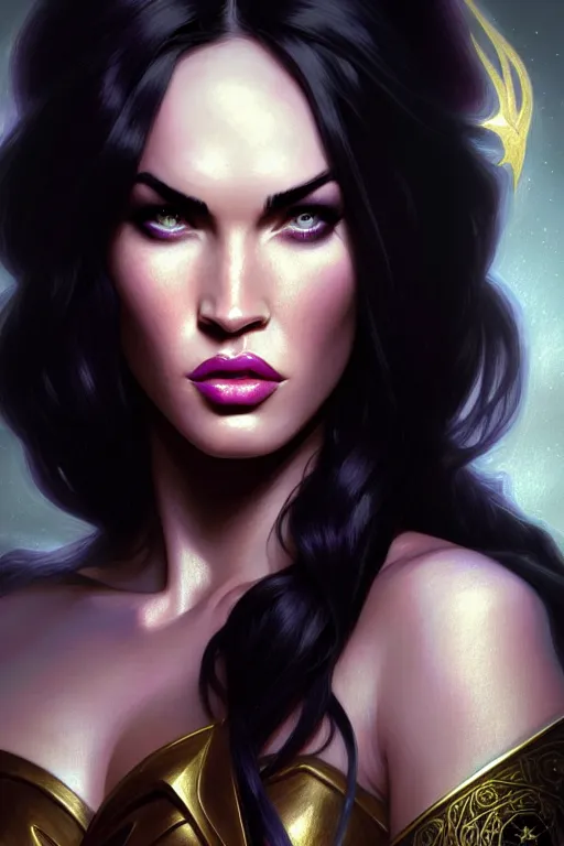 Image similar to portrait of megan fox as liliana vess, magic the gathering, intricate, headshot, highly detailed, digital painting, artstation, concept art, sharp focus, cinematic lighting, illustration, art by artgerm and greg rutkowski, alphonse mucha, cgsociety