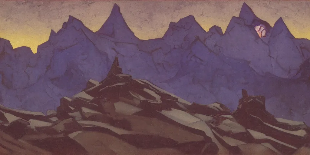 Image similar to At the Mountains of Madness, oil on canvas, by Nicholas Roerich