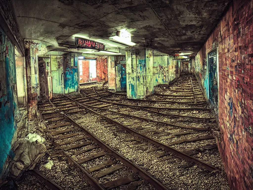 Prompt: “photography of abandoned subway station, urban decay, atmospheric, full of colour, digital photography”
