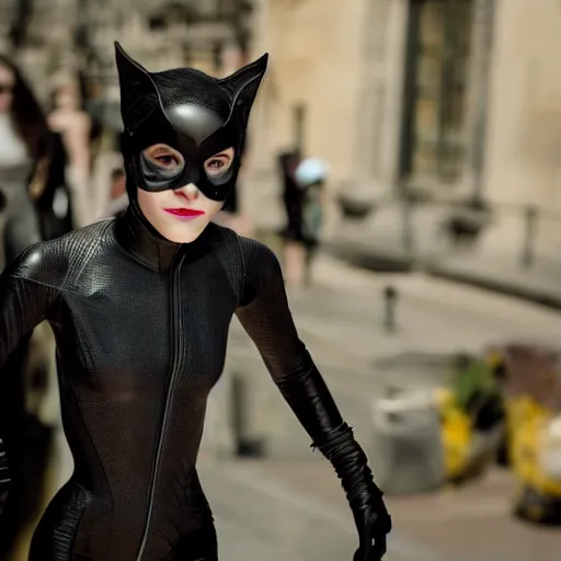 Prompt: Emma Watson as Catwoman, XF IQ4, f/1.4, ISO 200, 1/160s, Adobe Lightroom, DxO Photolab, polarizing filter, Sense of Depth, AI enhanced, denoised, sharpened, HDR