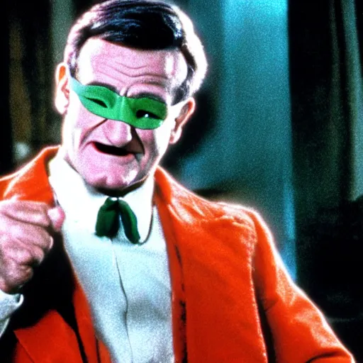 Image similar to award winning awe inspiring movie still of Robin Williams playing The Riddler