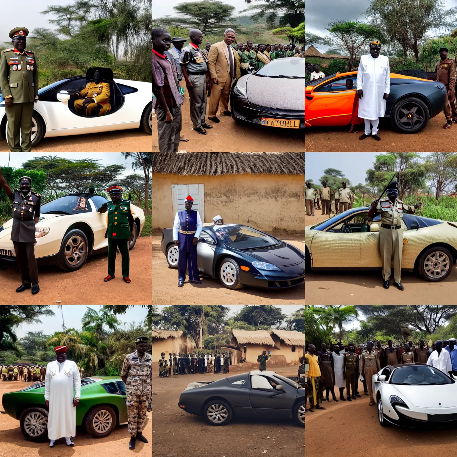 Prompt: High-quality photography of an African dictator dressed as a general posing next to his McLaren in an African village and surrounded by curious villagers, shot on iPhone